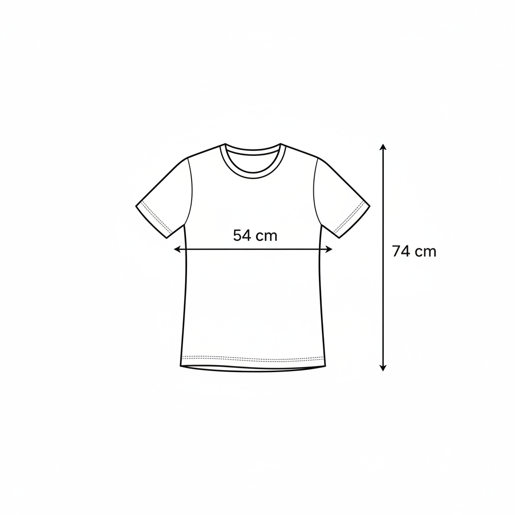 stwórz obraz informacyjny o wymiarach produktu w cm jest to koszulka. Szerokość w klatce piersiowej to 54cm a długość koszulki to 74cm